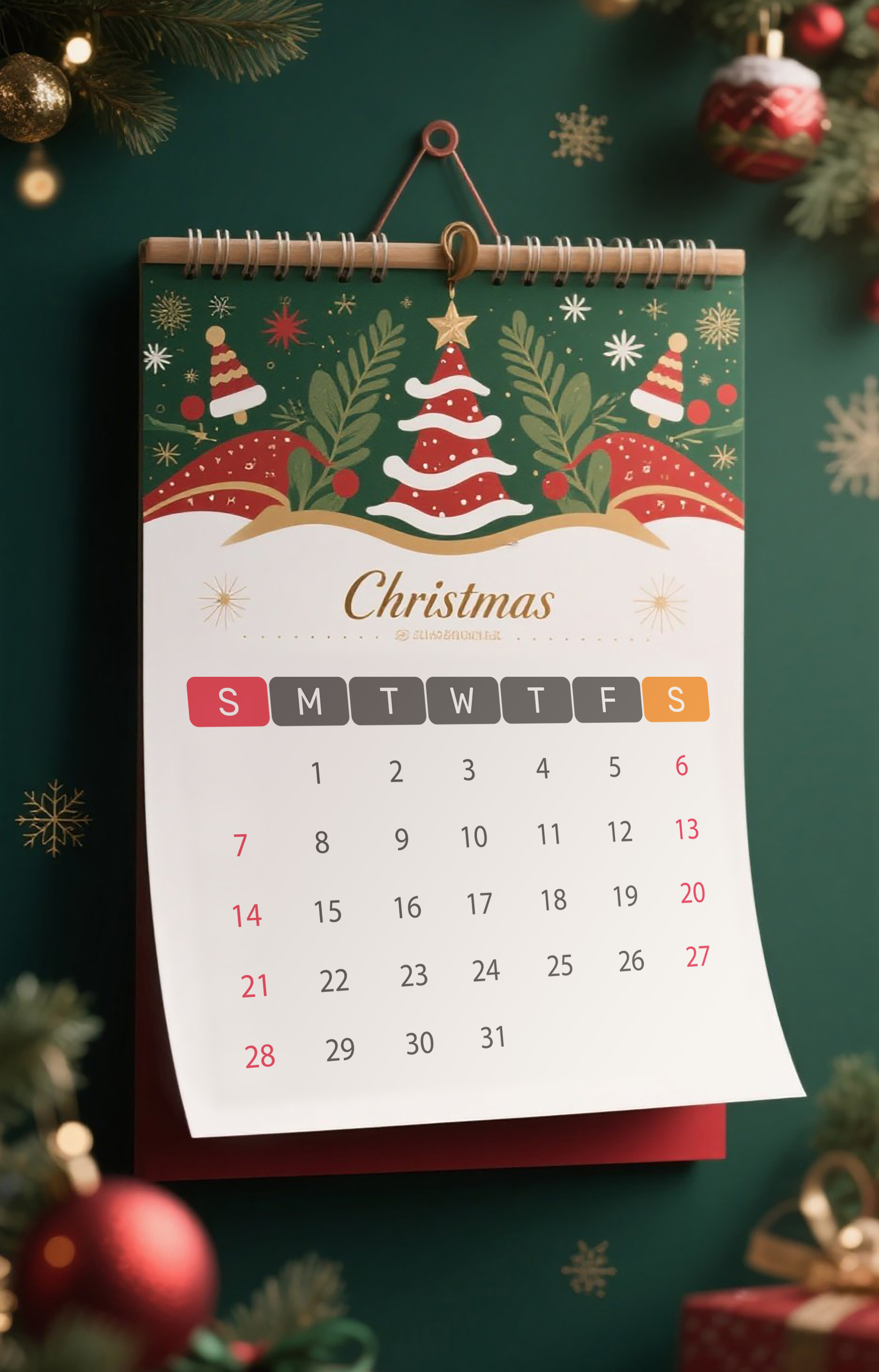 Christmas-Themed Calendar with Week Numbers