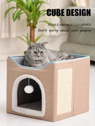 Foldable Indoor Pet House with Cat Scratch Board, Ball, and Cube Design for Cats