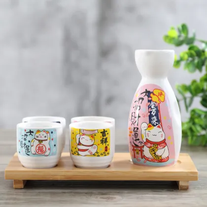 Japanese Ceramic Sake Set with Bamboo Tray