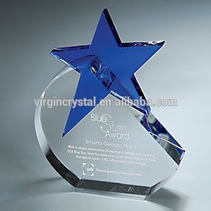 Superior Quality K9 Optical Pure Blue Crystal Star Awards Attached Clear Crystal Base