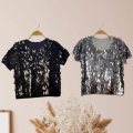 Siyah ve Gri Simli Nakışlı Tişört