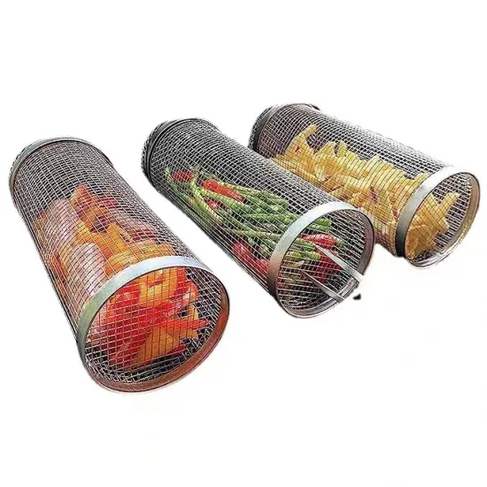 Round Grill Cooking Accessories: Rolling Grilling Outdoor Camping Barbecue Rack for Vegetables, Meat, Fish
