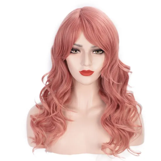 24 Inches Long Wave Hair Extension Wigs Pink Heat Resistant Full Cheap Woman Synthetic Hair Wig With Bangs No Lace Cosplay Use