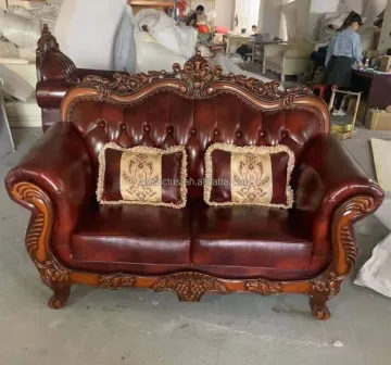 European classic luxury wooden carved sofa set American style wooden carving living room chesterfield genuine leather sofa set