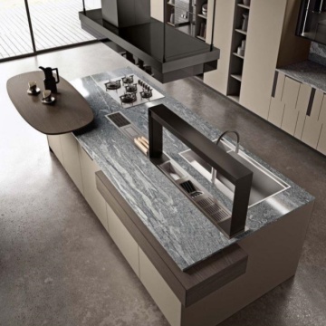 Luxury Stone Kitchen Counter with Integrated Sink and Custom Cabinets