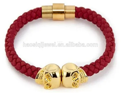 2018 black plated the north skull metal charm black leather men skull bracelet for wholesale