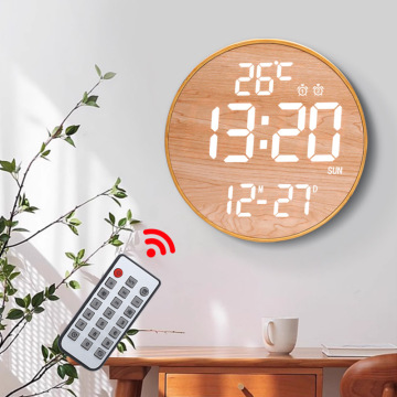 Horloge murale numérique en bois moderne avec grand affichage LED, calendrier et alarme