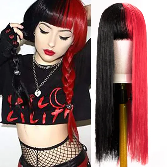 Black And Red Wig Long Straight Lolita Cosplay Wigs With Bangs Synthetic Split Costume Halloween Cosplay Wigs For Halloween