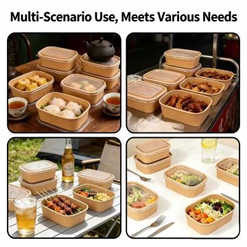 Mangkuk Salad Kertas Kraft tahan bocor segi empat tepat dengan Penutup