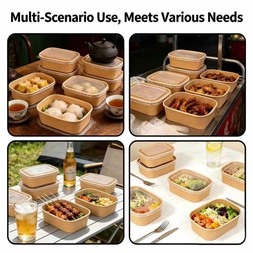 Bát salad giấy kraft hình chữ nhật chống rò rỉ có nắp