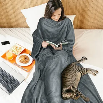 Extra Soft Warm Cozy Micro Plush Lightweight Fleece Blanket TV Wrap Throw Blanket Robe with Pocket Sleeves