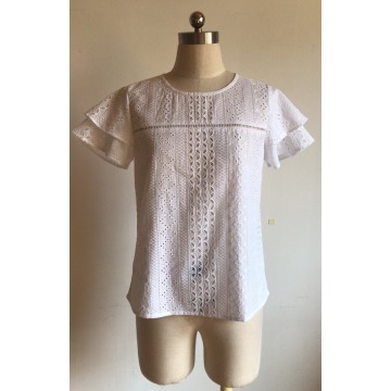 Short Sleeve with Lace Cotton Voile Embroidery Blouse