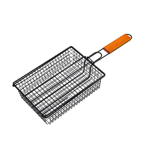 Wooden handle grilling basket