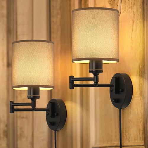 Swing Arm Wall Light Fixtures With Light-Brown Lampshade