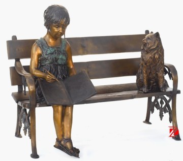 Sitting Brass writing statue with dog