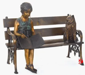 Sitting Brass writing statue with dog