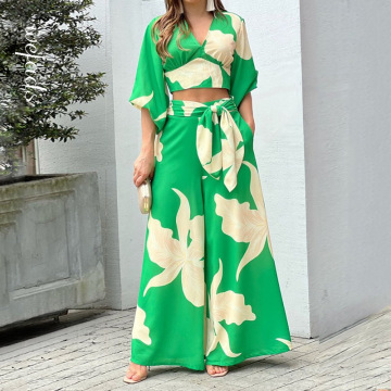 Γυναικεία Floral Print Υψηλή μέση Παντελόνια και φανάρι μανίκι κορυφή σετ