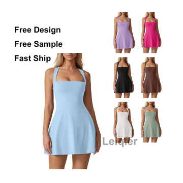 Custom Logo Women's Square Neck Sleeveless Tennis Dress with Built-In Shorts and Pockets