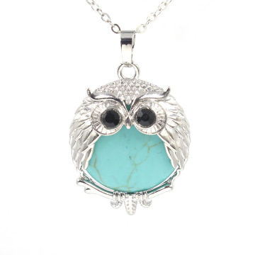 Turquoise 24mm Beads Silver Owl Pendant Necklace Choker Jewelry
