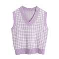 Women Oversized Houndstooth Knitted Vest Sweater