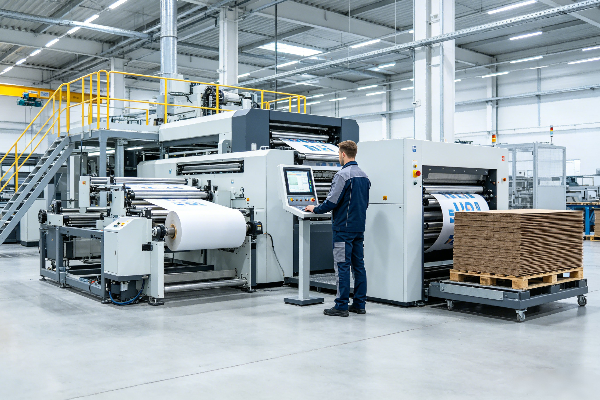 Máquina de impresión digital para cajas de cartón corrugado en una moderna planta de embalaje.