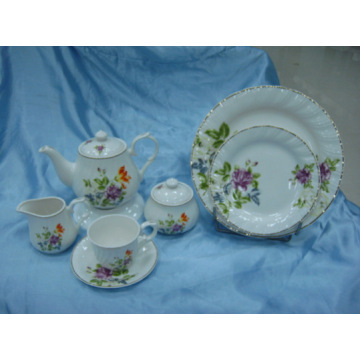 24PC Tea Set with Flower Decal & Gold Rim