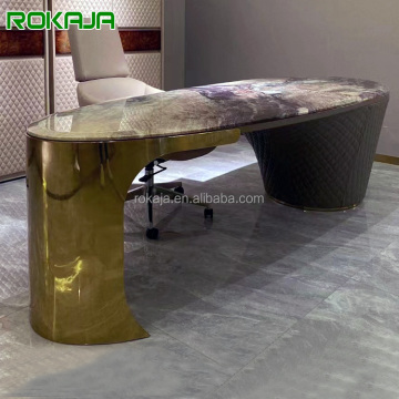 Gold Stainless Steel High-End Oval Marble Top Leather Office Desk for Villa Mansion