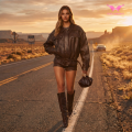 Braune PU-Retro-Jacke mit überschnittener Schulter
