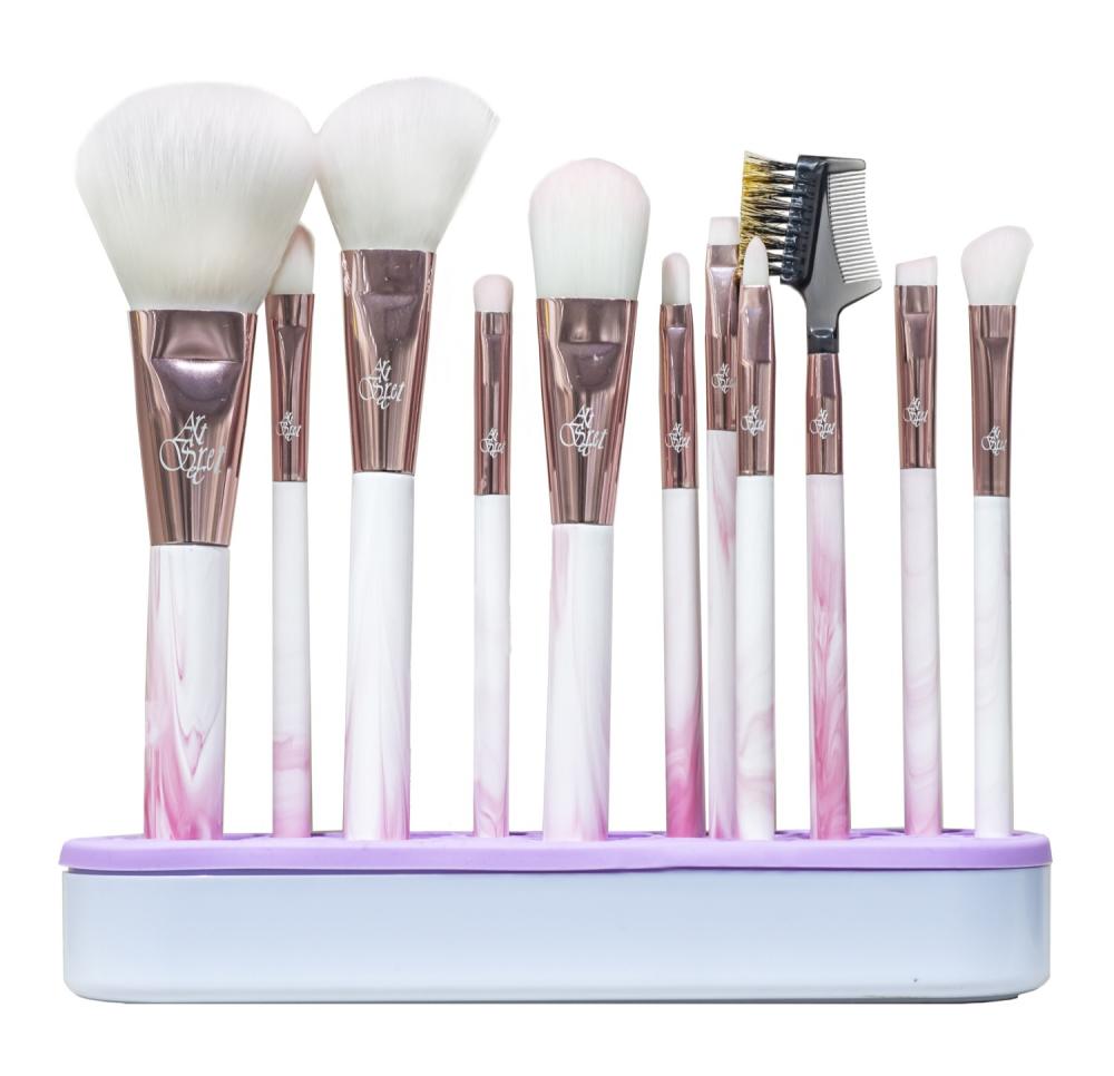 11 PCs Pink Marmor Griff Make -up -Bürstenset