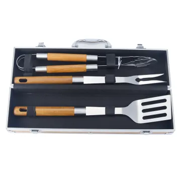 3-Piece Stainless Steel BBQ Tool Set with Wood Handle and Wooden Box Packaging