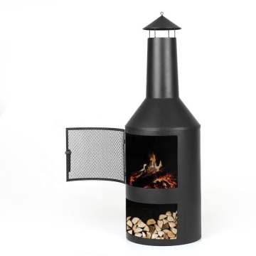 Outdoor garden fire pit H135XL35 black with log store chimenea wood burning fire pit