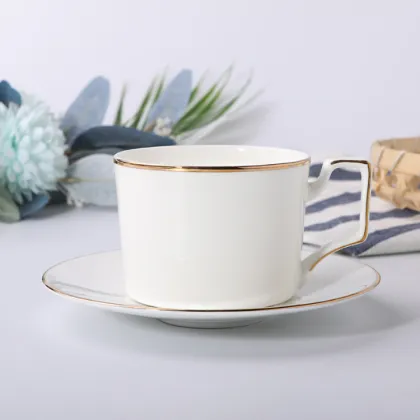 China Supplier Wholesale Bone China Gold Rim Tea Cup and Saucer Set, White Porcelain Coffee Cup and Saucer Set