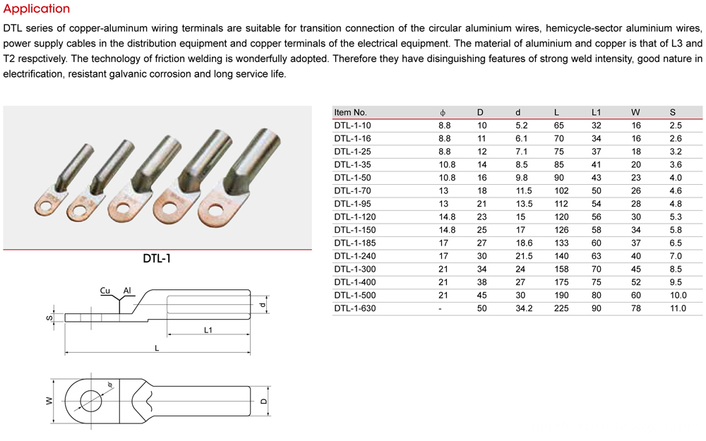 DTL-1 Aluminium Copper Bimetal Connector Parameter