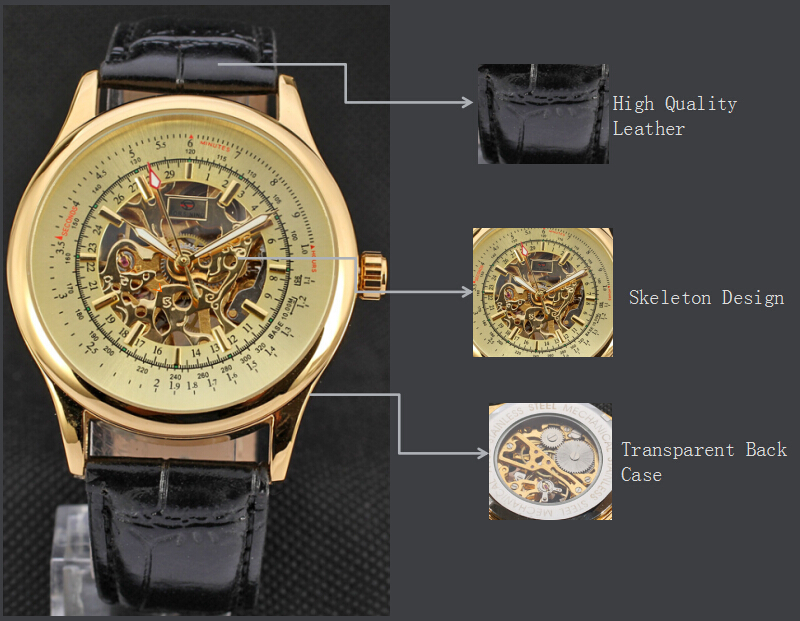 Automatic leather strap skeleton mens sport watches