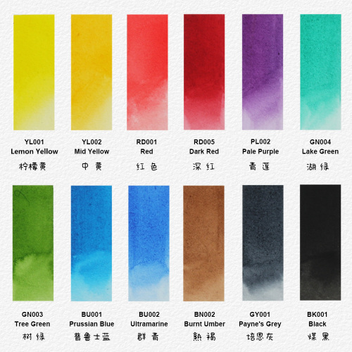 12 färger Professionella solid akvarell halvpannuppsättning
