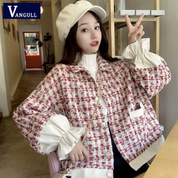 Vangull Short Red White Plaid Women Jacket 2020 Winter New Fashion Loose Patchwork Warm Female Coat Single Breasted Outwear Tops