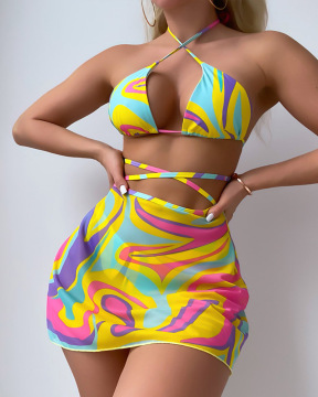 Women's Summer Beach Skirt Swimwear with Printed Tie Halter Bikini Top