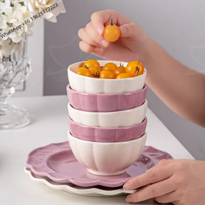 2023 New Floral Plates Purple Flower Dinnerware Floral Dinner Set Ceramic Tableware Porcelain Flower Shape Bowls
