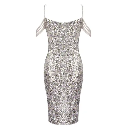 Sleeveless V Neck Sequined Dress For Celebrities