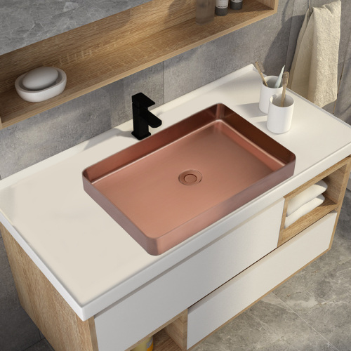 Acero inoxidable fregadero de baño de oro rosa hecho a mano