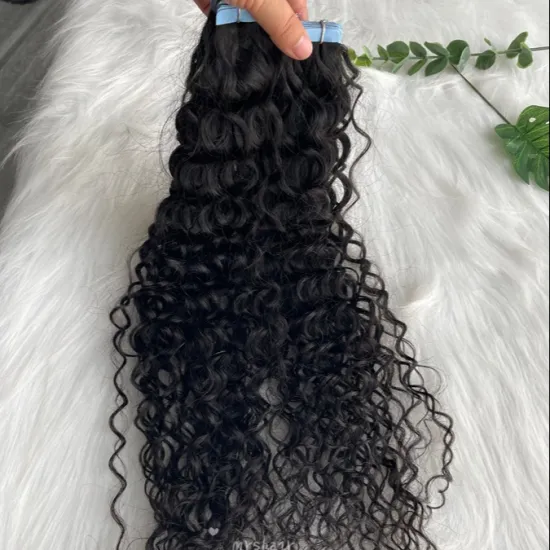 40pcs Natural Human Hair Double Sided Tape In Hair Extensions Invisible Water Wave Black Curly Tape in Hair Extensions