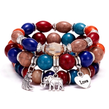 Colorful Acrylic Resin Elephant Heart Wing Pendant and Multilayer Boho Bracelet Set: Vintage Charm Jewelry for Women
