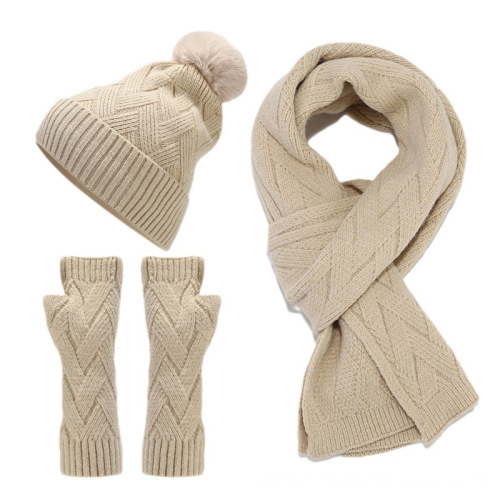 3-Piece Outdoor Winter Warm Knit Pom-Pom Beanie, Gloves, and Scarf Set