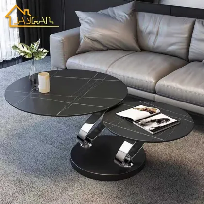 Black Rotating Coffee Table with Marble Ceramic Top and Metal Base - Two Tables Together