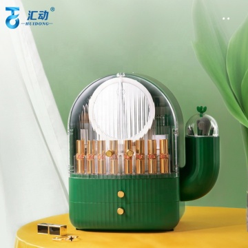 Smart LED Lighted Portable Cactus Cosmetic Organizer with Multifunctional Storage Box for Desktop Makeup Mirror and Brushes