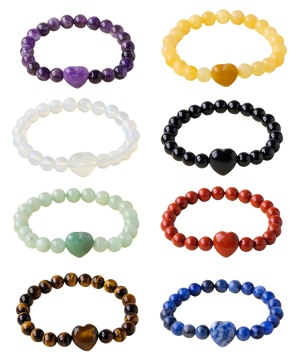 Gemstone Round Beads with 15MM Heart Charm Elastic Bracelet Natural Stone Beads Love Heart Stretch Bracelet For Men Women