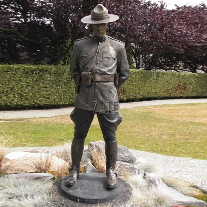 Outdoor garden life size bronze police man and police dog statue