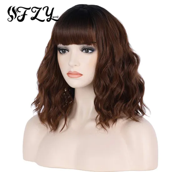 Brown Wig with Bangs Short Bob Natural Wavy Ombre Brown Wigs for  Women Curl Shoulder Length Synthetic Hair for Daily Party Use