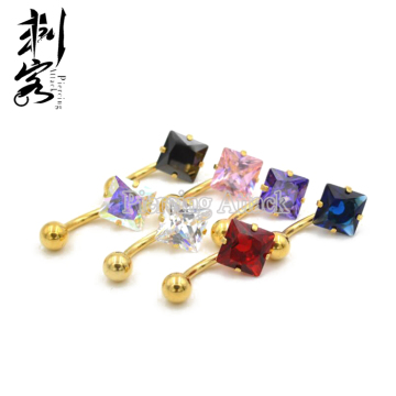Gold Titanium Anodized Prong Set Square CZ Crystal Piercing Belly