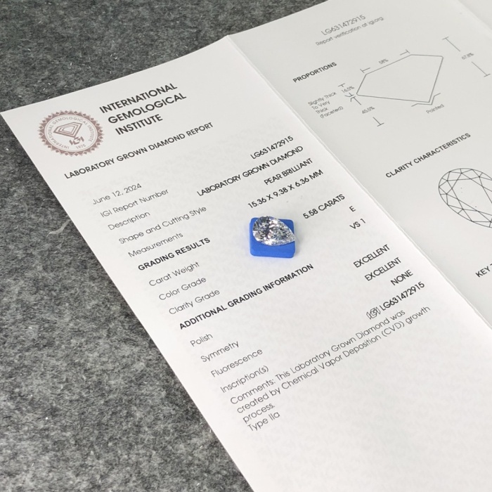 CVD Pear Cut 5.58CT E VS1 2EX Lab Grown เพชร